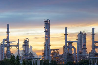 Oil refinery towers and piping infrastructure against a sunset sky.